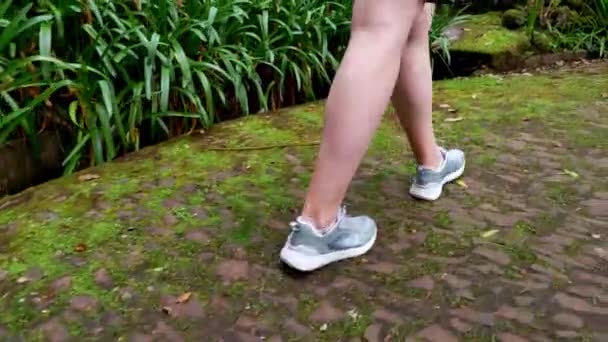 Камера Следует Ногами Девушки Идущей Тропинке Парке — стоковое видео