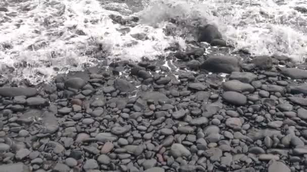 Detailní Záběr Skalnaté Sopečné Pláži Vlny Valí Břehu Omývají Kamenné — Stock video