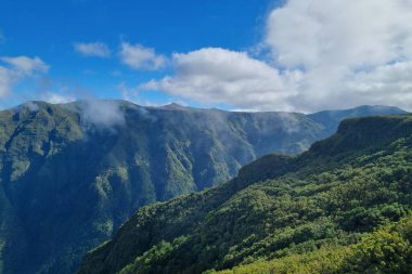 View of the green slopes of Madeira Island. The background of nature