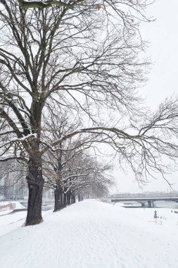 Karla kaplı bir cadde, arka planda baskın bir köprünün olduğu mesafeye kadar uzanıyor. Beyaz kar, koyu asfalt ile keskin bir zıtlık gösterir ve köprü, yapısal bir element ekler.