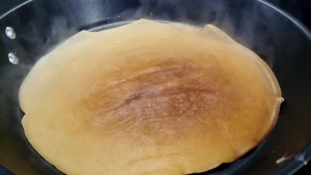 Freshly Cooked Crepe Non Stick Pan Stovetop — Stock Video