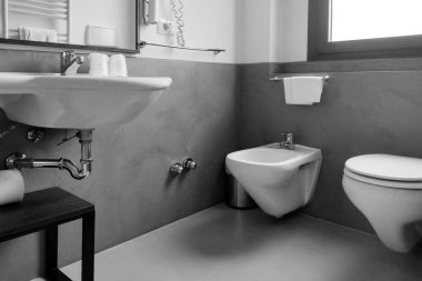 Modern minimalist banyo içinde seramik lavabo, duvara monte edilmiş taharet musluğu ve parlak gri renkli bir tuvalet var. Temiz hatlar ve verimli alan kullanımı evler ve oteller için çağdaş ve işlevsel bir banyo ortamı oluşturur