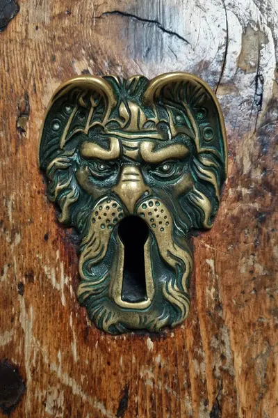 stock image Bologna, Italy, May 18, 2024: Intricate antique lion head keyhole cover on a rustic, weathered wooden door. the detailed brass or bronze lion face adds a touch of medieval style and historical significance, perfect for architectural and historical de