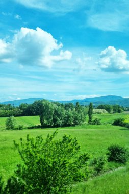 Yeşil alanlar, uzak dağlar tarafından desteklenen tüylü beyaz bulutlarla dolu canlı mavi bir gökyüzünün altında uzanıyor. Yeşillik ve dingin atmosfer bunu posterler, duvar kağıtları ya da manzaralı baskılar için ideal bir doğa sahnesi haline getiriyor..