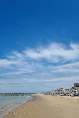 Berrak mavi bir gökyüzü, yumuşak dalgalar ve kaya ve çakıl taşlarıyla kaplı kumlu bir sahil manzarası. Yaz tatili temaları, seyahat ilhamı, rahatlama kavramları ve kıyı poster tasarımları için ideal.