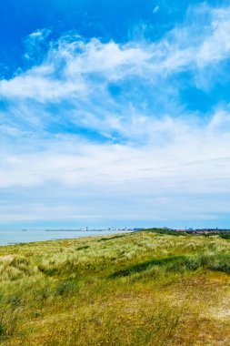 Parlak mavi bir gökyüzünün altında dağınık bulutlarla geniş çimenli tarlalar barındıran huzurlu kıyı manzarası. Ufuk, uzak bir şehirle buluşur ve deniz gökyüzüne kusursuz bir şekilde karışır. Doğa temalı bir sahne için ideal sakin ve resimsel bir sahne