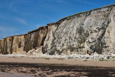 Görkemli sahil kayalıkları, berrak mavi gökyüzüne çarpıcı bir şekilde yükseliyor, çökelti ve kaya oluşumlarının karmaşık katmanlarını gözler önüne seriyor. Kumlu plaj ön planı doğal bir kontrastı ekliyor, sakin ve resim gibi bir manzara yaratıyor doğa enstitüsü için ideal.