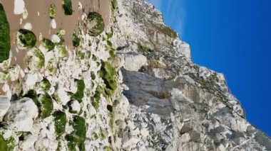 Sahil kaya oluşumu açık mavi gökyüzünün altında yeşil yosun ile süslenmiş. Kayalık arazi, yosun kaplı taşlar ve parlak mavi alan, doğa fotoğrafçılığı ve posterleri için ideal, sakin ve resmedilmeye değer doğal bir sahne yaratır..