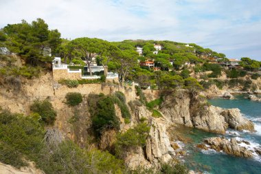 A stunning coastal scene featuring luxurious homes perched on rugged cliffs, enveloped by lush greenery. the vibrant landscape overlooks the azure sea, creating a serene, picturesque vibe perfect for relaxation or inspiration. clipart