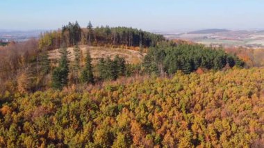 Uçsuz bucaksız bir sonbahar ormanının hava manzarası renkli ağaçların canlı bir karışımını sergiliyor. Yuvarlanan tepeler ve uzak manzaralar mevsimsel doğa veya manzarayla ilgili amaçlar için mükemmel geniş bir doğal manzara yaratır..