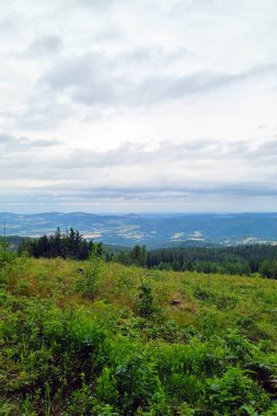 Manzaralı bir dağ manzarası, geniş dağ ve vadilerin uçsuz bucaksız genişliğiyle ön planda yemyeşil bir manzaraya sahiptir. Bulutlu gökyüzü, doğa temalı projeler için ideal sakin ve sakin bir hava katıyor..
