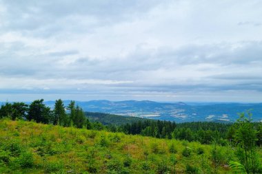 Bereketli bir yeşillik, genişleyen ormanlar ve yumuşak bulutlu geniş bir gökyüzü içeren sakin bir dağ manzarası. Uçsuz bucaksız ufuk, doğa meraklıları ve doğa aşıkları için ideal bir sükunet ve doğal güzellik hissi sunuyor..