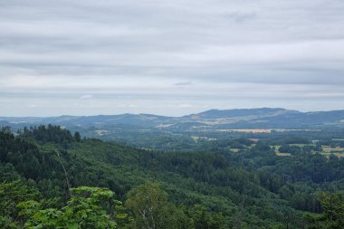 Yuvarlanan yeşil tepeler ve yoğun ormanlar ile bulutlu bir gökyüzünün altındaki uzak dağları barındıran sakin bir manzara. Sahne, çevre ve seyahat temaları için mükemmel bir sakinlik hissi ve doğa ile bağlantı sağlıyor..
