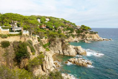 Kayalık kayalıklar ve yemyeşil bitki örtüsünün olduğu dramatik kıyı şeridi, panoramik okyanus manzaralı kıyı evleri. Seyahat, doğa ve manzara teması için ideal olan bu sahne doğal güzellik ve sükuneti yakalar..