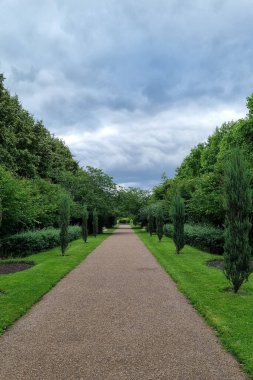 Düzgün kesilmiş çitlerle ve uzun ağaçlarla çevrili düz, çakıllı bir patika içeren huzurlu bir bahçe sahnesi. Bulutlu gökyüzü sakin bir atmosfer ekler, doğa meraklıları ya da açık hava tasarımı için mükemmel..