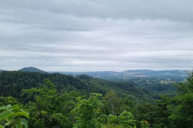 Uçsuz bucaksız bulutlu bir gökyüzü altında kayan tepeler ve uzak dağlarla yemyeşil bir orman manzarası. Huzur ve ilham arayan doğa meraklıları için mükemmel..