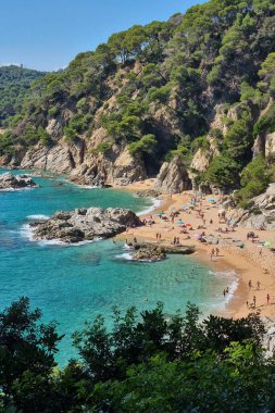 Kayalık kayalıklar ve yoğun yeşil yapraklarla çevrili canlı Akdeniz sahilleri. Güneş banyosu yapanlar ve yüzücüler parlak mavi gökyüzünün altında berrak turkuaz suların tadını çıkarırlar, mükemmel bir yaz kaçışını somutlaştırırlar..