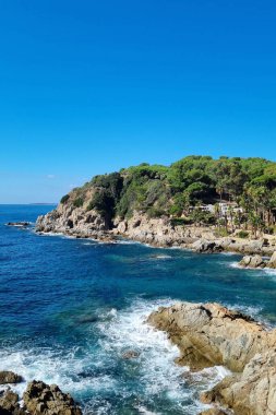 Sahil manzarası açık mavi gökyüzünün altında canlı yeşilliğin yanında kayalık kıyıları gösteriyor. Okyanus dalgaları engebeli kıyı şeridine çarparken ağaçlarla kaplı uzak tepeler de dinginliğe doğal güzelliği katıyor..