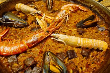 Geleneksel tavada servis edilen büyük karidesler, taze midyeler ve baharatlı pirinçten oluşan ağız sulandıran bir deniz ürünleri paella 'sı. Tabak canlı renkler ve dokular sergiliyor, mutfak temalı içerik veya Akdeniz mutfağının tanıtımı için mükemmel hale getiriyor.