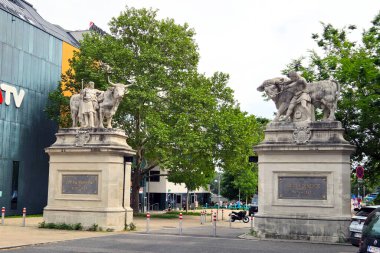 Viyana, Avusturya, 3 Mayıs 2025: Büyükbaş hayvan heykelleri büyük oranda bir şehir ortamında, bir bulvarın etrafını sarmış durumda. Sahne, modern mimari ve arka planda yemyeşil ağaçlarla sanat ve şehir hayatının karışımını vurguluyor..