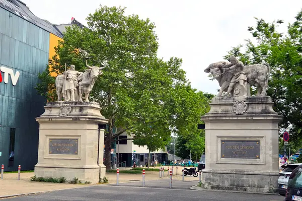 Viyana, Avusturya, 3 Mayıs 2025: Büyükbaş hayvan heykelleri büyük oranda bir şehir ortamında, bir bulvarın etrafını sarmış durumda. Sahne, modern mimari ve arka planda yemyeşil ağaçlarla sanat ve şehir hayatının karışımını vurguluyor..