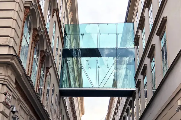 Viyana, Avusturya, 3 Mayıs 2025: Pürüzsüz cam bir köprü kentsel bir çevrede iki tarihi yapıyı zarif bir şekilde birbirine bağlıyor. Modern mimarinin klasik cephelerle yan yana gelmesi çağdaş ve tarihsel tasarım estetiğinin karışımını vurgular..