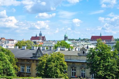 Krakow, Polonya, 19 Temmuz 2025: Krakow 'un pitoresk bir manzarası, yeşillik ağaçlarının ortasındaki tarihi mimariyi gözler önüne seriyor. Ufuk çizgisi parlak mavi bir gökyüzünün altında tüylü bulutlarla benekli belirgin işaretler içerir..
