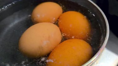 Dört kahverengi yumurta kaynayan bir tencerede kaynıyor ve temel pişirme tekniğini sergiliyor. Yakın plan çekimde yumurtaların basitliği ve çok yönlülüğü çeşitli yemekler için temel bileşen olarak vurgulanıyor..