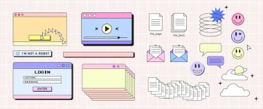 Retro tarayıcı penceresi 90 'ların buhar dalgası stili ve gülen yüz hipster çıkartmaları ile ayarlandı. pc masaüstü açılır mesaj kutuları ve kullanıcı arayüzü ögeleri koleksiyonu, UI ve UX 'in vektör illüstrasyonuName.