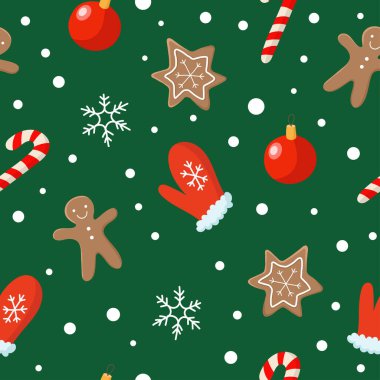 Düz çizgi film tarzında kusursuz bir Noel deseni. Vektör illüstrasyonu