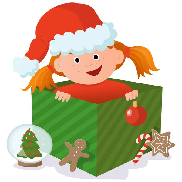 Christmas Illustration Cute Girl Box Present Cute Girl Santa Hat — Stock Vector