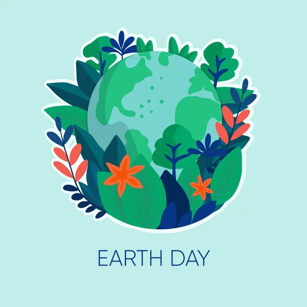 Earth day greetings card or social post banner. Earth globe with leaves, trees and flowers. Concept design for banner, poster. Vector illustration