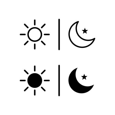 Yıldızlı güneş ve ay. Güneş Ay ikonu çizimi. Gece gündüz hava tahmini sembolü.