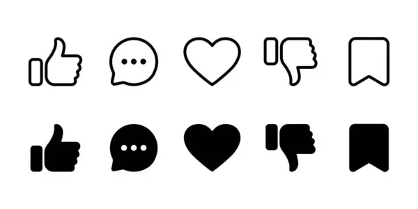 Sosyal medya simgesi seti. Konuşma baloncukları, mesajlar, yer imleri, sevmemeler ve kalp simgeleri. Doğrusal ve siluet biçimi.