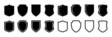 Kalkan simgesi ayarlandı. Güvenlik kalkanı simgeleri koleksiyonu. Kalkan güvenlik hattı simgelerini koruyun. Rozet kalitesi sembolü, imza, logo veya amblem.