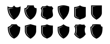 Kalkan simgeleri. Güvenlik kalkanı simgeleri koleksiyonu. Kalkan güvenlik hattı simgelerini koruyun. Vektör illüstrasyonu