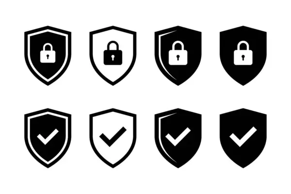 Güvenlik kalkanı simgesi ayarlandı. İşaretli ve asma kilitli güvenlik kalkanı sembolleri, Kalkan güvenlik simgesi, güvenlik, koruma vektör çizimi