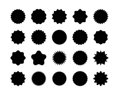 Çember çıkartması hazır. Yıldız patlaması konuşma baloncukları. Dalgalı kenarlı siyah rozetler. Yıldız patlaması şeklindeki etiketler. Boş satış etiketleri.