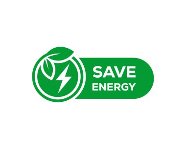Enerji simgesini kaydet. Enerji tasarrufu sembolü vektörü. Enerji sembolünü sakla. Yeşil yapraklı enerji simgesi.