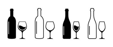 Şarap kadehleri vektör ikonlu şarap şişesi seti. Silüet şişe ve bir bardak şarap. Alkol cam simgesi