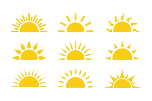 Güneş düz çizgi film ikonu seti. Yarı güneş vektör simgeleri. Sarı gün doğumu ya da gün batımı. Gündoğumu ve günbatımı logosu için elementler.