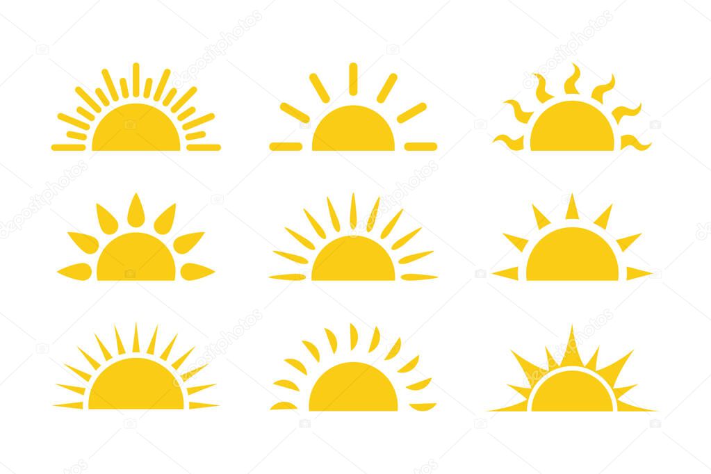 Set of sun flat cartoon icon. Half sun vector icons. Yellow sunrise or sunset. Elements for logo of sunrise, sunset.