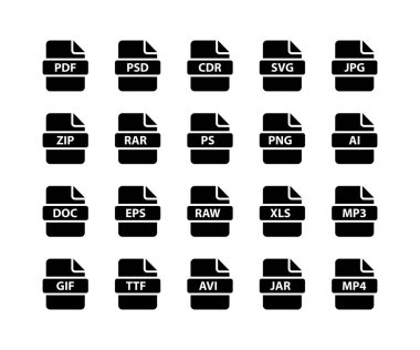 Dosya biçimi simgesi. Belge biçimi dosya simgesi seti. Beyaz arkaplanda dosya simgeleri izole edildi