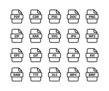 Dosya tipi simgesi seti. Dosyalar biçimi ve belge simgesi düz stil tasarımında. Belge dosya biçimleri ve etiket simgeleri kümesi.
