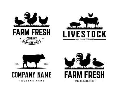 Çiftlik logosu tasarım şablonu. Çiftlik hayvanları logo tasarımı. Çiftlik hayvanları logosu tasarımı. İnek, Ördek, Boğa, Tavuk ve Domuz vektör çizimi