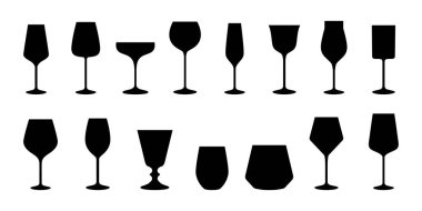 Farklı gözlük simgeleri. Şarap kadehi koleksiyonu. Siluet şarap kadehleri. Stemware koleksiyonu seti. Cam simgesi