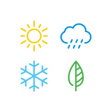Renkli oturum simgeleri kümesi. Kış, Bahar, Yaz ve Sonbahar ikonları. Hava tahmini işareti. Mevsim basit elementler konsepti.