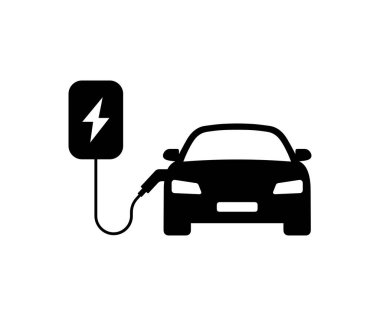 Tıkacı simgesi olan elektrikli araba, EV arabası, yeşil hibrit araçlar, şarj noktası logosu. Çevre dostu araç konsepti. Elektrikli araba şarj istasyonu.