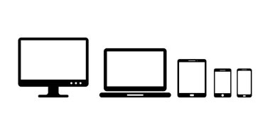 Aygıt simgesi koleksiyonu. Akıllı telefon, tablet, dizüstü bilgisayar ve masaüstü bilgisayar sembolü. Gadget simgesi. Vektör İllüstrasyonu.