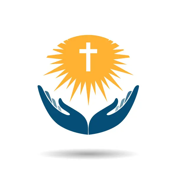 Parlayan kutsal haçlı eller. Haç tutan dua eden el. Din, Kilise vektör logosu